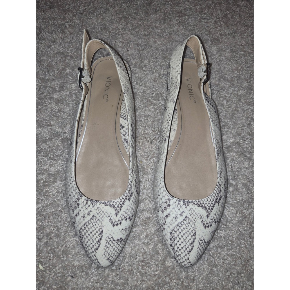 Vionic Jade Slingback Flats Snakeskin Embossed Pointed Toe Cream Grey Size 8.5